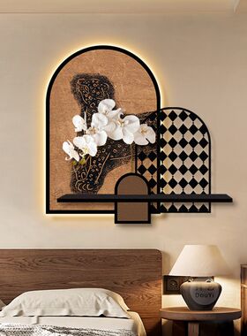 中古风蝴蝶兰客厅装饰画高级感卧室壁画带灯复古沙发背景挂画