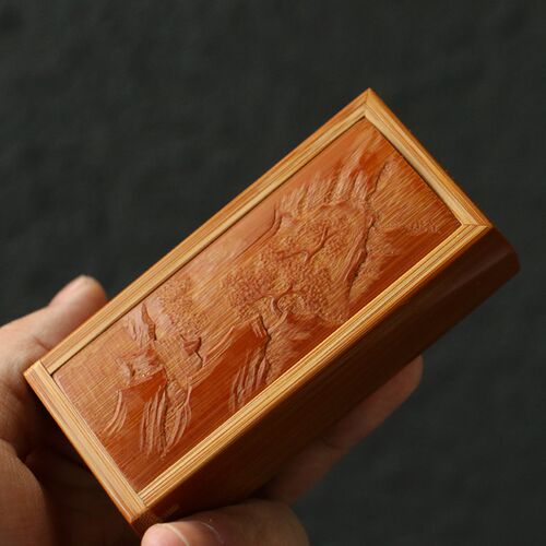 精品纯手工浅浮雕山水风光图老玉竹金钟竹蛉盒竹雕虫具鸣虫盒叫盒