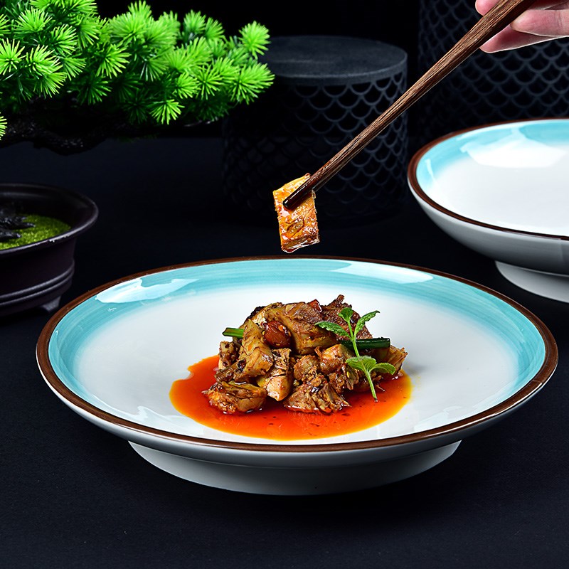 圆形深汤盘渐变绿色带脚菜炒菜烧菜碗创意会所脚碗