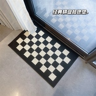 经典百搭复古入户门防滑黑白格棋盘格地垫玄关耐磨耐脏溪水地毯