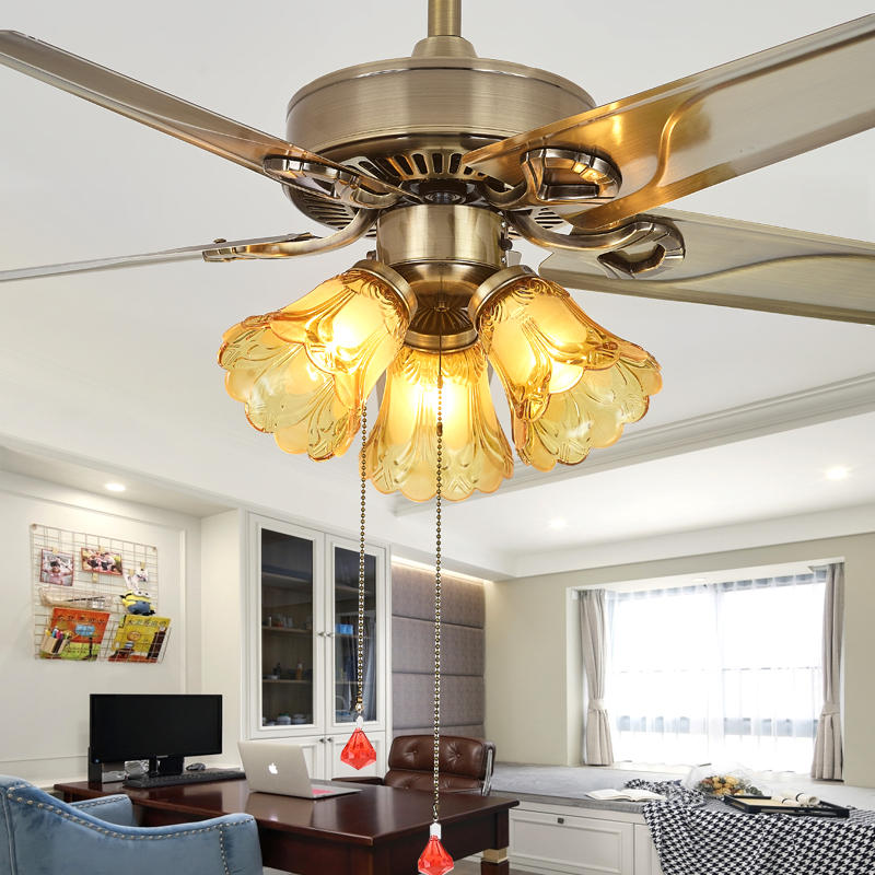 木叶吊扇灯拉线餐厅风扇灯欧式复古的灯具电扇灯客厅卧室3头5头