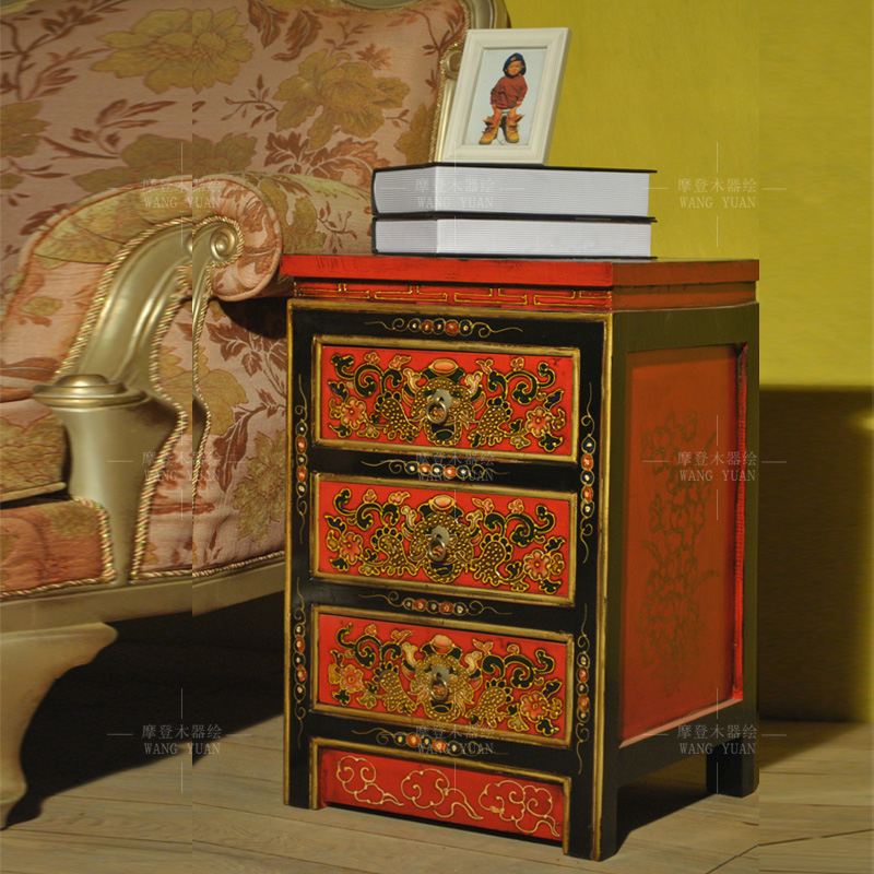 床头柜彩绘三屉手绘斗柜边柜角柜仿古可定做制中国风实木藏式家具