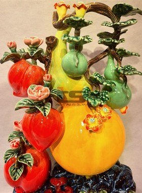 福禄长寿金葫芦寿桃石湾陶瓷公仔客厅办公玄关公司酒柜新中式摆件