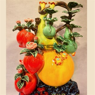 福禄长寿金葫芦寿桃石湾陶瓷公仔客厅办公玄关公司酒柜新中式摆件