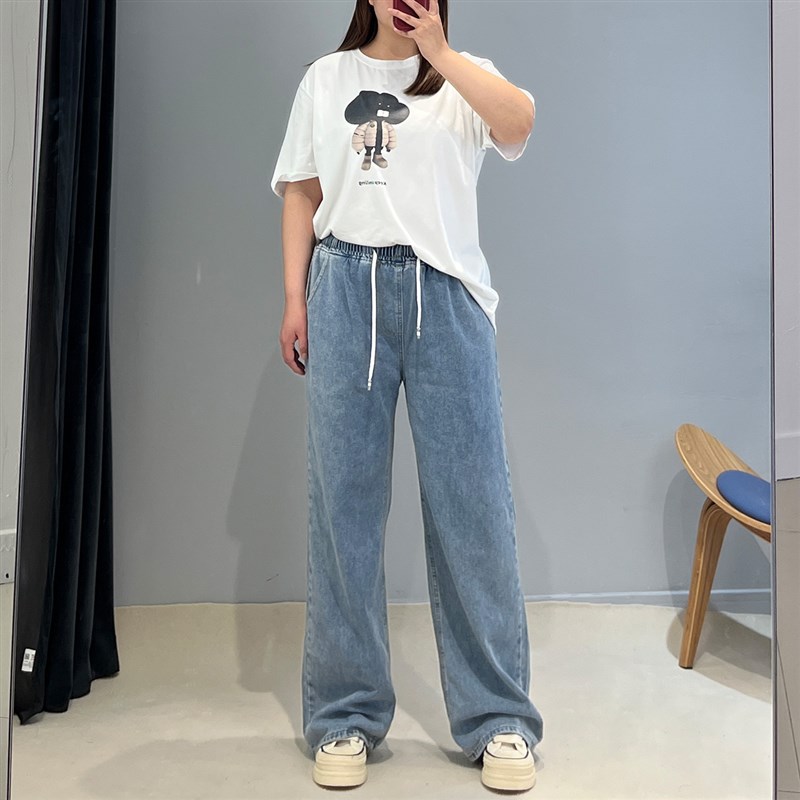 加肥加大高腰直筒裤女春胖mm大码女装抽绳松紧腰宽松休闲牛仔长裤