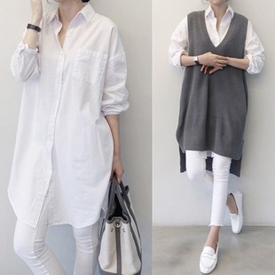 韩国东大门春秋款宽松bf风大版棉中长款白色衬衫女大码长袖衬衣女