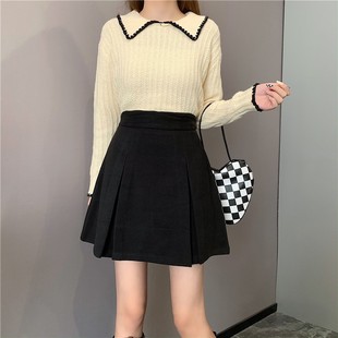 毛呢半身裙配毛衣女秋冬大码褶皱高腰包臀a字短裙咖色胖mm百褶裙