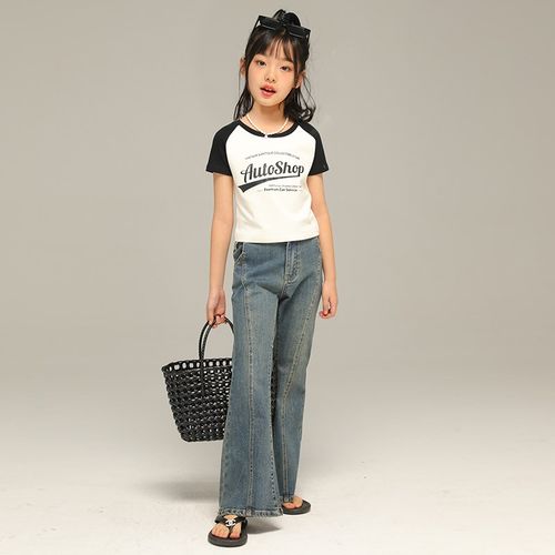 小女森女童牛仔裤儿童春秋裤子时尚洋气中大童休闲水洗微喇叭长裤