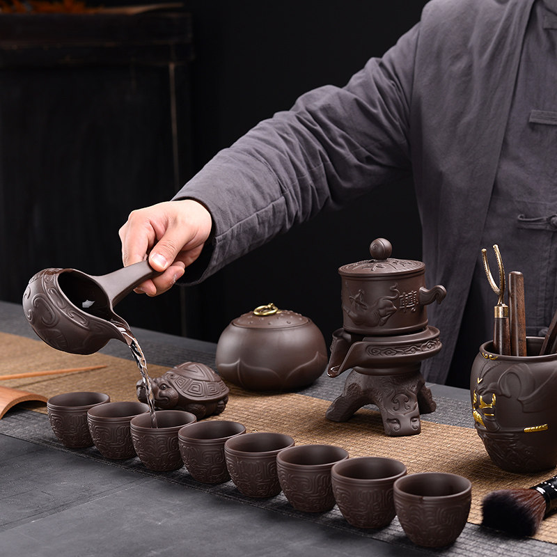 紫砂懒人茶漏功夫半自动茶具配件公道杯茶壶套装 家用石磨泡茶器