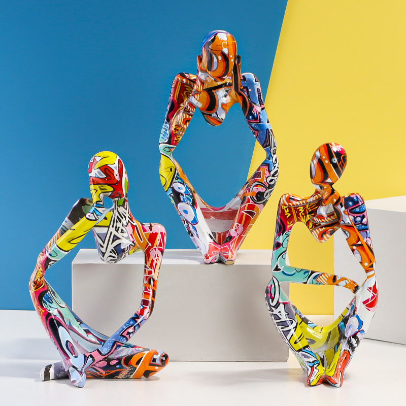 美式彩绘左思右想摆件抽象人物艺术装饰办公室酒柜迷你轻奢小摆设