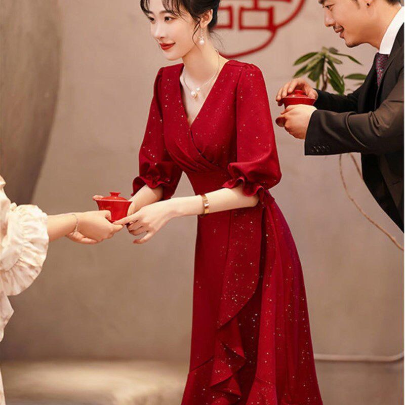 敬酒服新娘小个子酒红色平时可穿夏季订婚连衣裙出阁宴回门礼服女