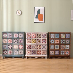 复古斗柜实木储物柜彩绘柜子床头柜小型多层收纳柜客厅置物抽屉柜