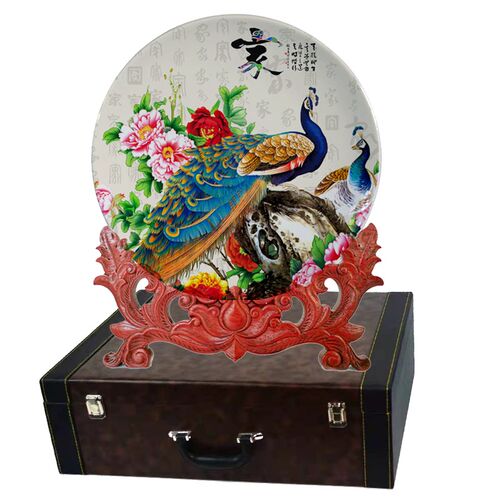 景德镇孔雀开屏摆件挂盘装饰中式客厅玄关办公室摆件艺术瓷器盘子
