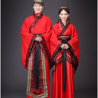 新款演出服唐装汉服直裾曲裾男女情侣古代汉代结婚服中式婚礼服装
