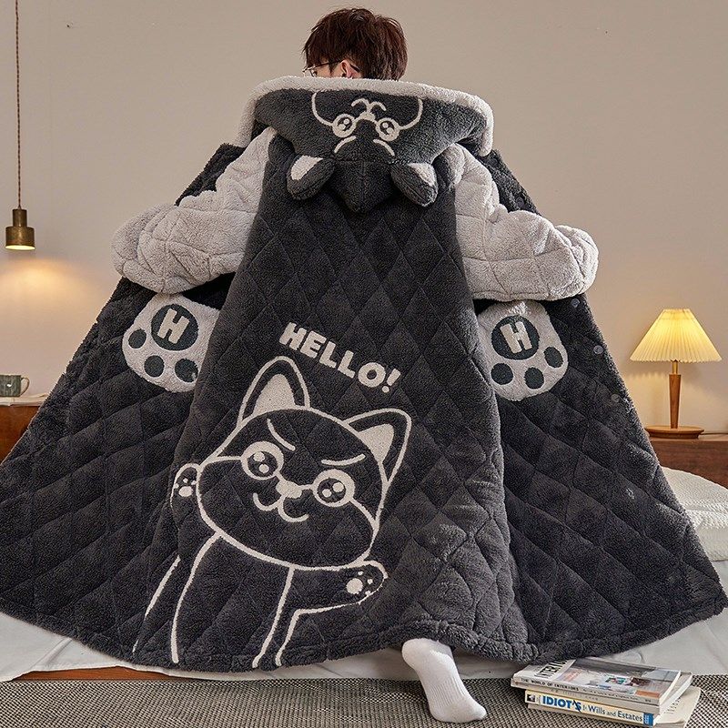 男士睡衣秋冬季珊瑚绒三层夹棉加厚加绒睡袍浴袍加肥加大码家居服