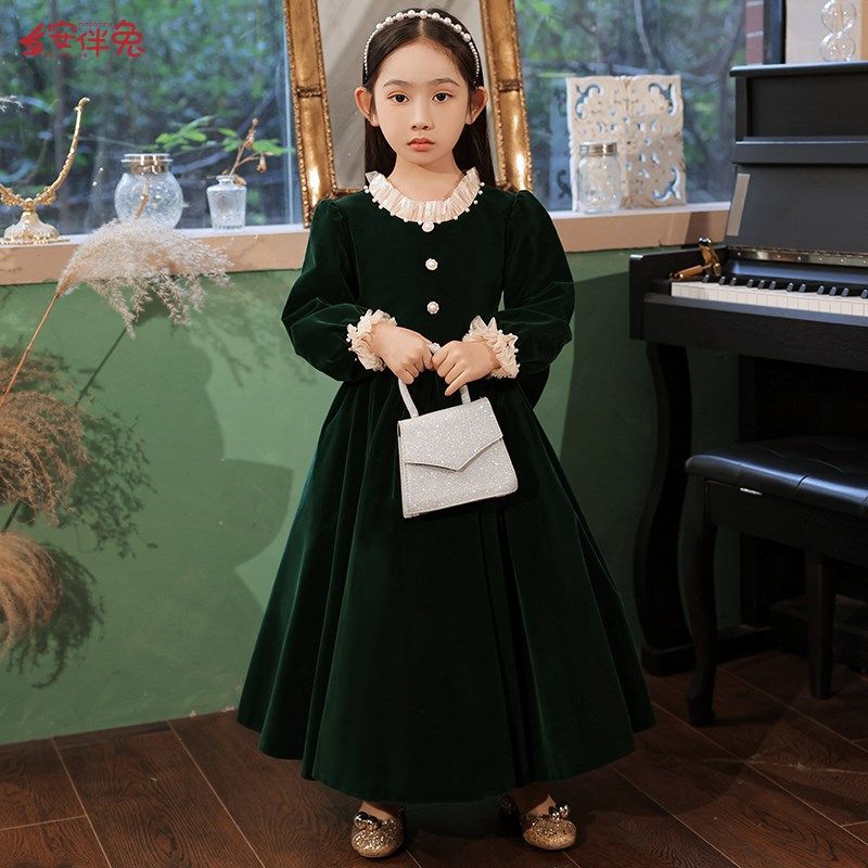 女童晚礼服绿色公主裙儿童高端钢琴演奏主持人花童演出服长袖冬季