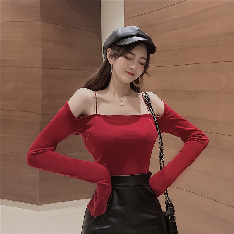 网红直播衣服女主播服装上镜性感一字肩上衣气质紧身显瘦吊带T恤