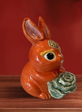 美陶 十二生肖兔 可爱家居柜子摆件新中式手工陶瓷工艺品创意礼品