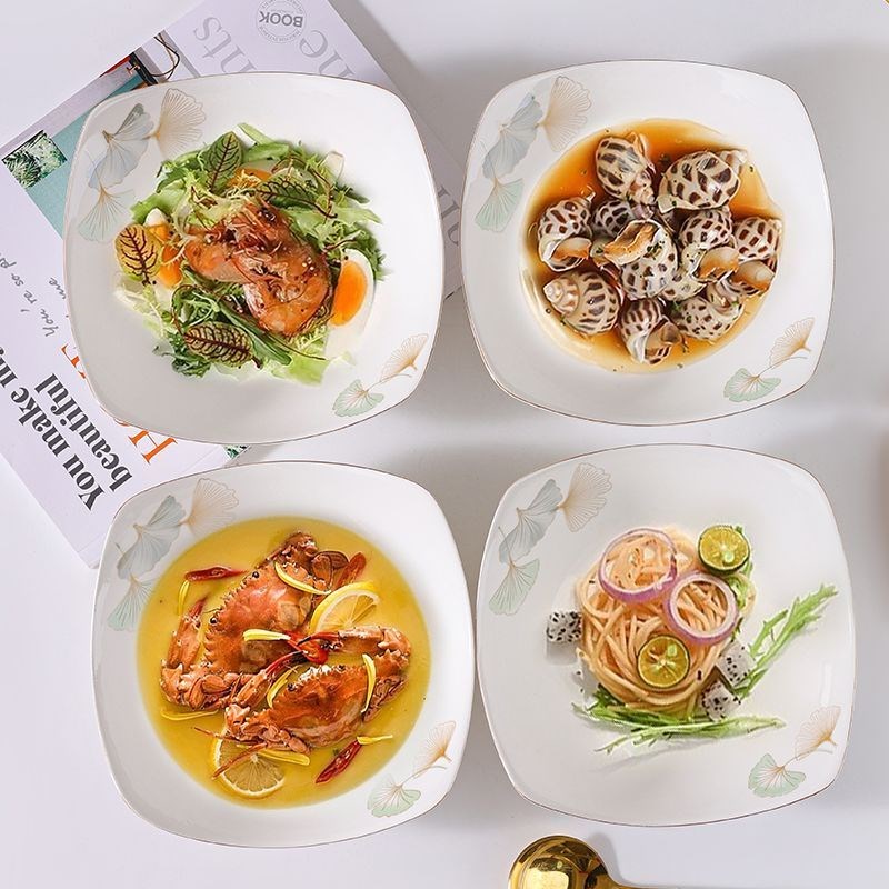 盘子菜盘家用新款银杏高颜值沙拉盘轻奢点心四角盘陶瓷菜盘翘脚盘