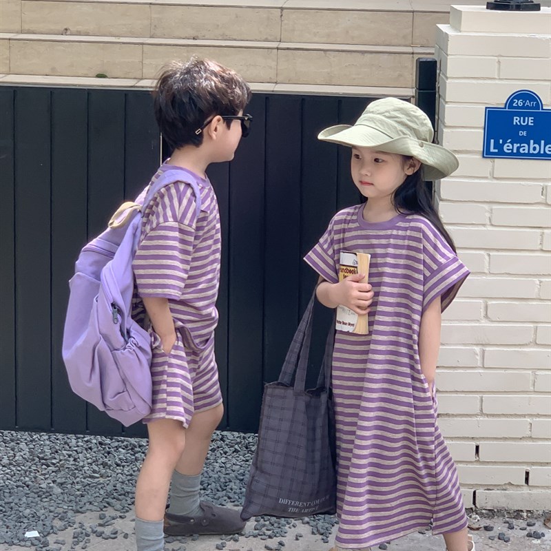 韩国童装女童紫色条纹卫衣裙长裙夏季儿童短袖短裤套装兄妹装时髦