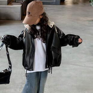 女童皮衣外套春秋款2024新款儿童洋气机车黑色皮衣女大童夹克上衣