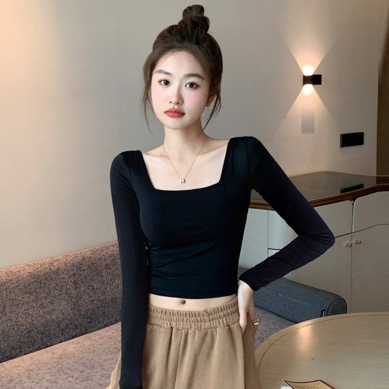 纯棉黑色短款方领长袖t恤女秋冬双面绒打底衫内搭加厚紧身u领上衣