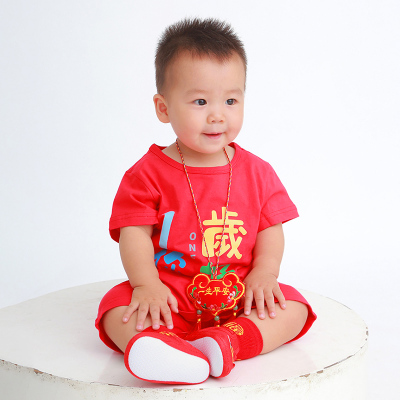 男宝宝周岁礼服纯棉女童一周岁红色抓周服装儿童生日数字短袖t恤