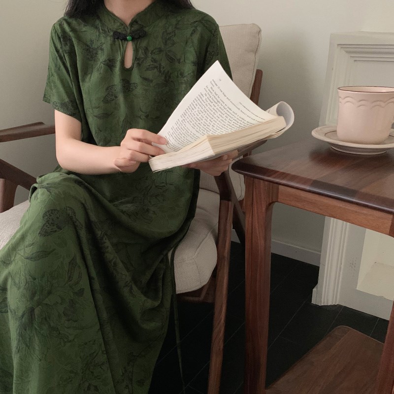 改良旗袍新中式可外穿棉绸加长款盘扣民国连衣裙短袖睡衣睡裙女夏