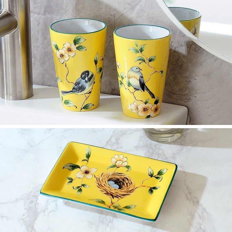 卫生间陶瓷漱口杯家用浴室洗漱杯情侣杯子 高颜值刷牙杯皂碟皂盒