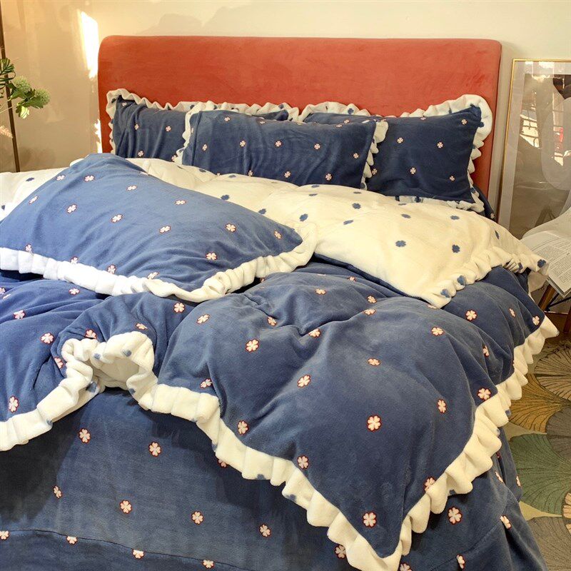 牛奶珊瑚绒四件套保暖双面法兰绒加厚床上被套床单奶油花边公主风