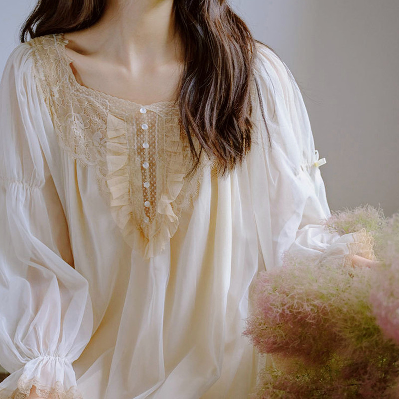 公主风法式纯棉睡裙女晨袍仙女宫廷春秋季甜美睡衣长裙家居服全棉