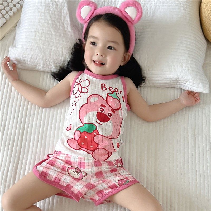 女童睡衣夏季2023新款草莓熊居家外出服男童纯棉T恤短袖短裤套装,童装/婴儿装/亲子装,家居服套装,淘宝优惠券,粉丝福利购,淘宝优惠卷
