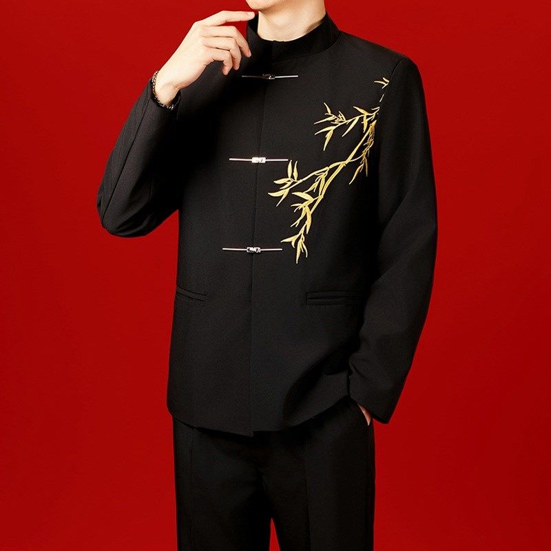 新中式国风套装男垫肩外套毕业班服合唱演讲拍照新郎伴郎结婚礼服