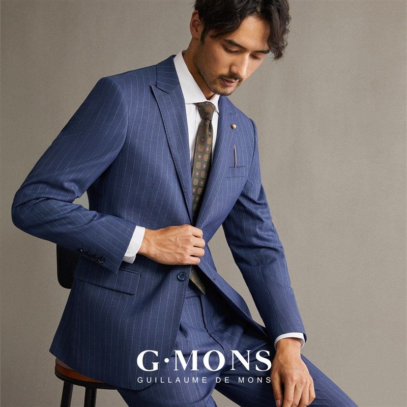 吉约蒙西装男套装蓝色条纹西服外套高级感修身新郎结婚礼服正装