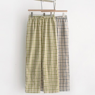 简约格子睡裤男女春秋夏季纯棉棉布水洗薄款大码长裤情侣家居裤