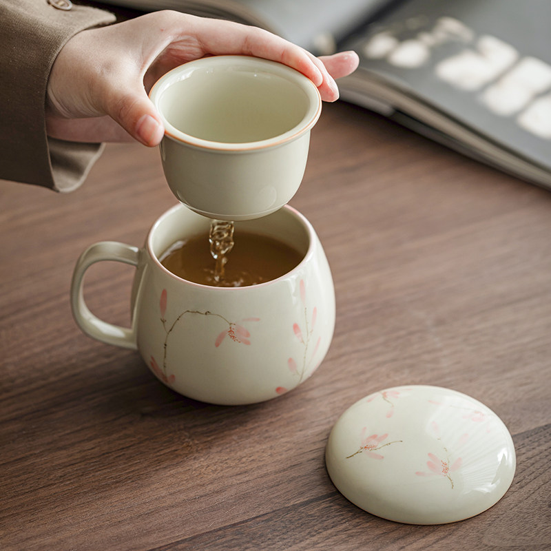 釉下彩手绘蝴蝶兰水杯马杯办公杯女带过喝茶杯