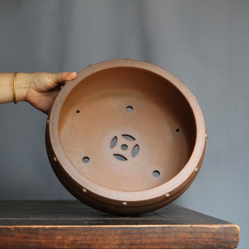 青砂堂紫砂花盆段泥高温柴烧窑变鼓钉莲花圆盆杜鹃海棠竹子盆景盆