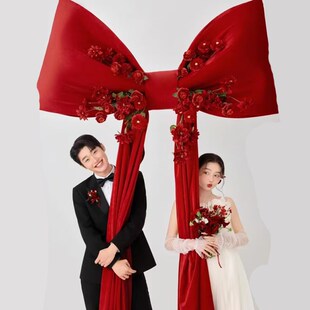 新款婚纱照摄影道具蝴蝶结布幔红色背景丝绒布婚庆装饰布置手捧