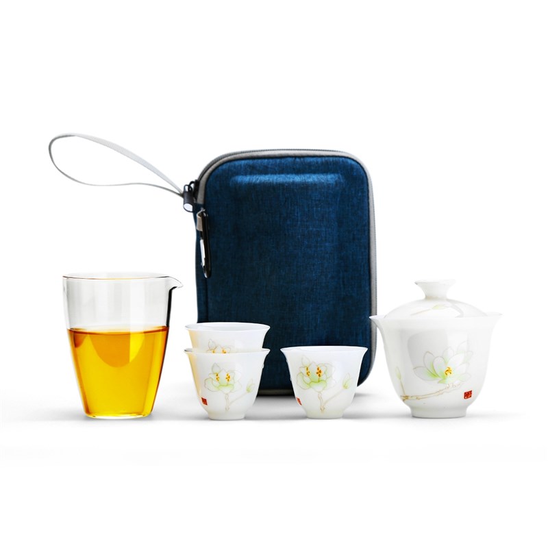 陶瓷小盖碗一壶三杯功夫旅行茶具装便携包外带泡茶器具
