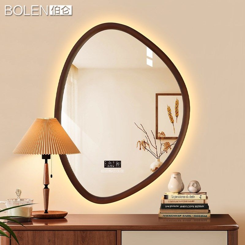 OLEN侘寂风实木边框斗柜镜子中古风智能浴室镜LED带灯玄关装饰镜