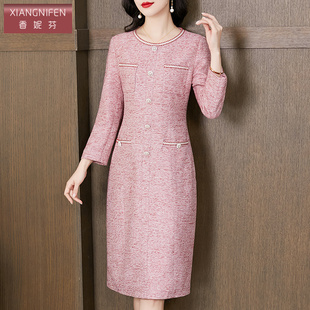 香妮芬设计感中年妈妈连衣裙2025新款夏季端庄大气温柔风长袖裙子
