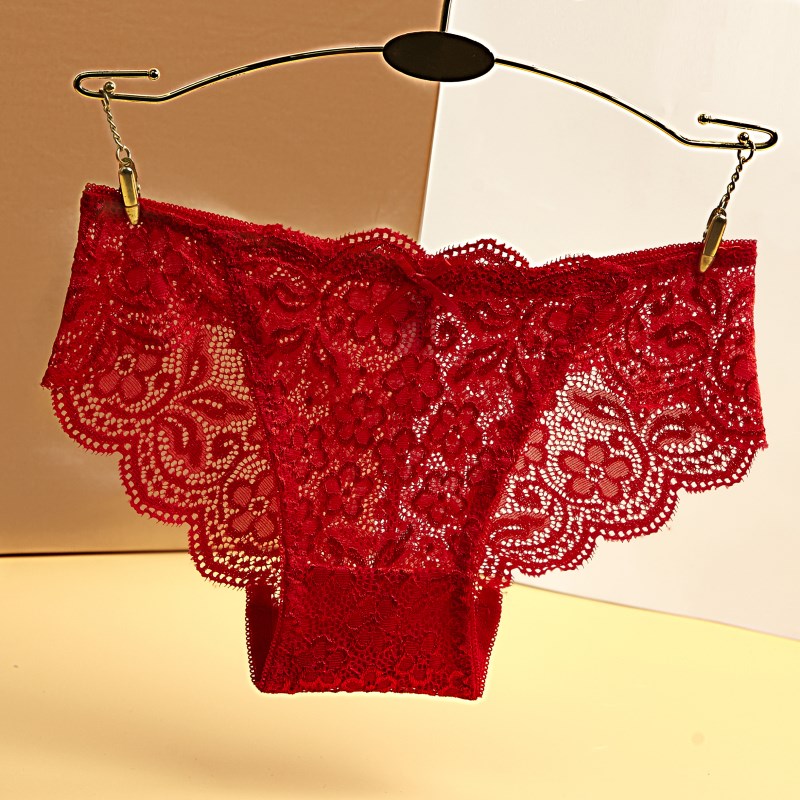4条本命年性感内裤女时尚红色蕾丝透明镂空无痕虎年网纱三角裤女