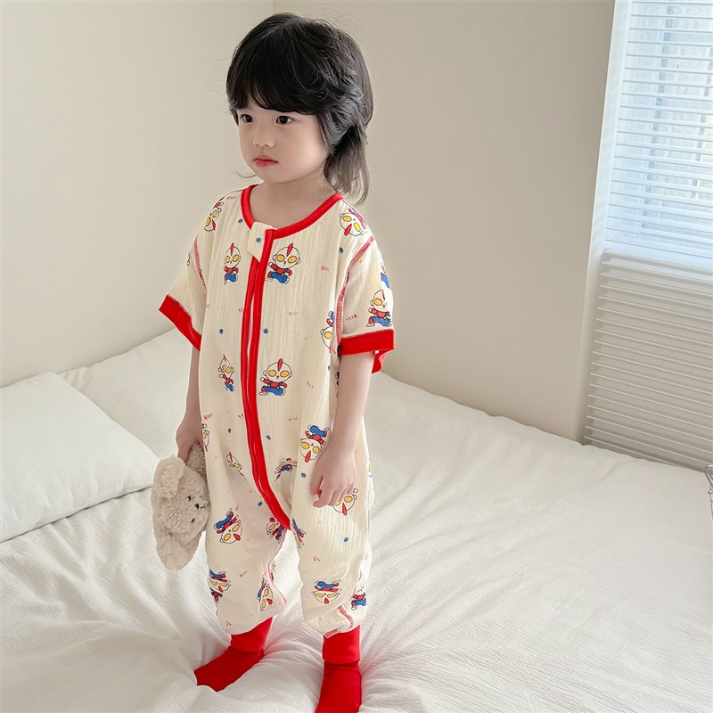 短袖纱布儿童连体睡衣纯棉无骨防踢被男童女孩睡袋夏季薄款家居服