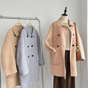 全羊毛双面呢格子外套女中长款秋冬咖色风衣宽松小个子羊毛呢大衣