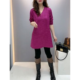 2023秋冬新款大码复古中长款T恤女气质宽松显瘦盘扣百搭打底上衣