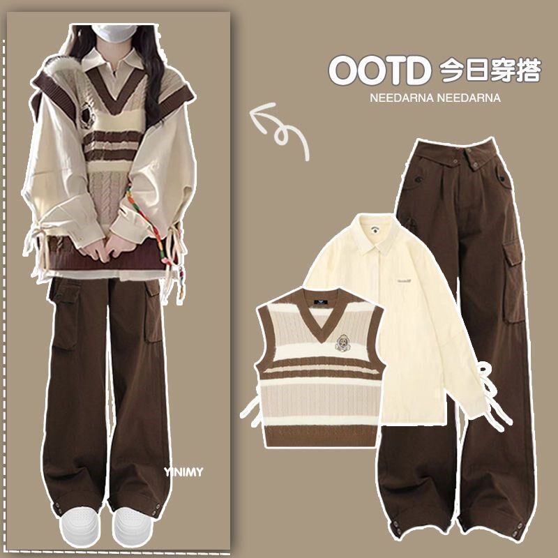 15少女秋季衬衫马甲13岁一套衣服12初中学生14-17少女工装裤套装