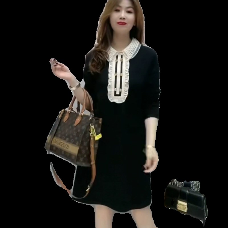 小清新娃娃领连衣裙女23冬季新款长袖飞边设计感钉珠百搭显瘦a字