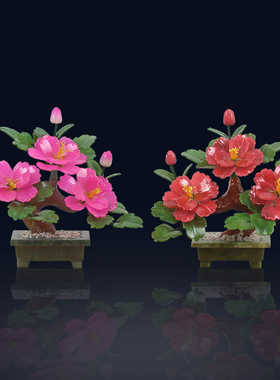 天然玉石牡丹花盆景摆件家居家饰客厅电视柜玄关新中式玉雕工艺品