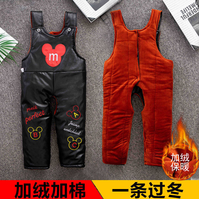 儿童皮棉裤宝宝冬款加绒加厚男童女童开档背带裤婴幼儿连体保暖裤