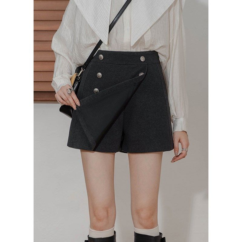 高腰毛呢裙裤女假两件防走光A字半身裙双排扣内衬呢子阔腿短裤,女装/女士精品,休闲裤,淘宝优惠券,粉丝福利购,淘宝优惠卷